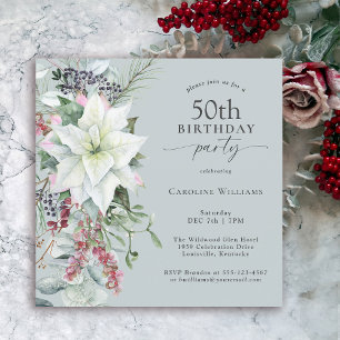 Elegant Floral Poinsettia Winter 50th Birthday Invitation
