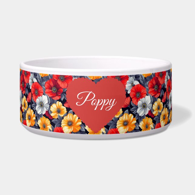 Elegant Floral Poppy Red Pet Bowl (Front)