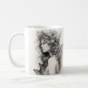 Elegant Floral Portrait Woman and Butterfly Coffee Mug