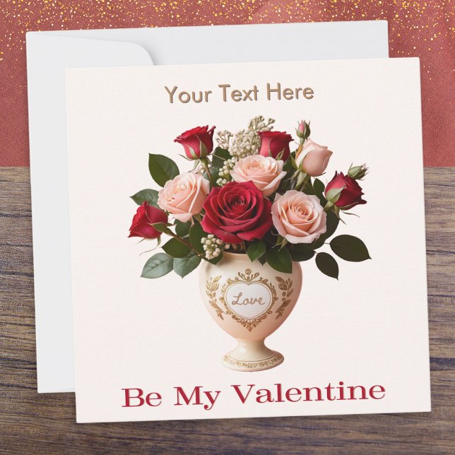 Elegant Floral Pretty Rose Flowers Be My Valentine Holiday Card (A customizable Valentine's Day card, with pink and red roses picture and 'Be My Valentine' words)
