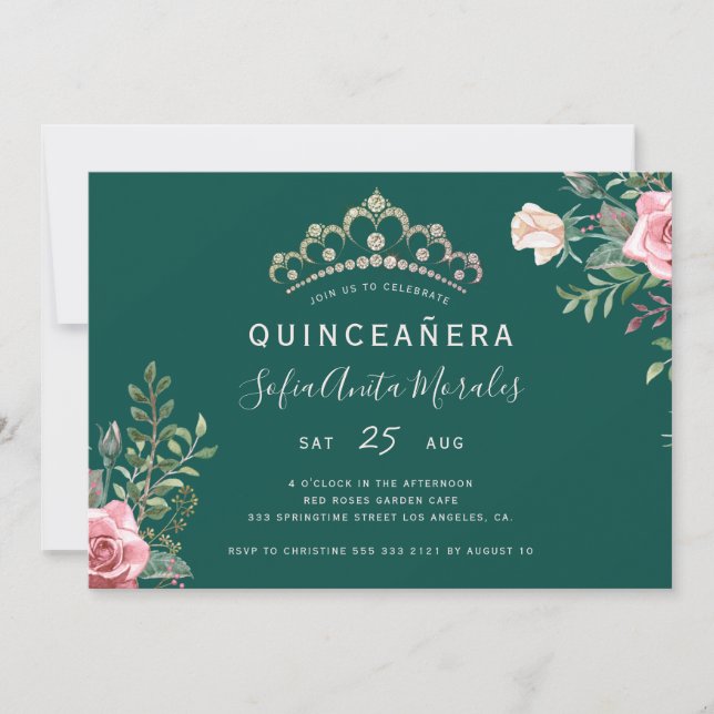 Elegant floral princess tiara green Quinceanera In Invitation (Front)