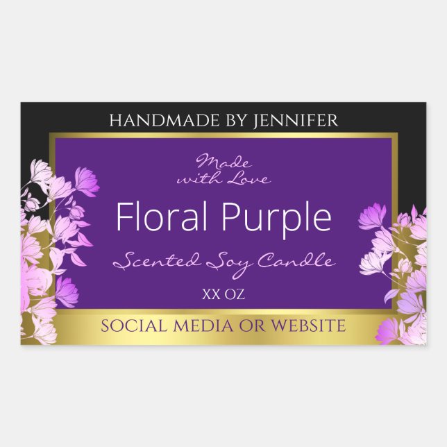 Elegant Floral Product Label Black Gold and Purple (Front)