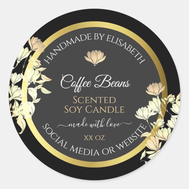 Elegant Floral Product Packaging Labels Black Gold (Front)