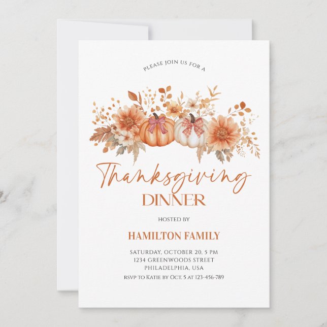 Elegant Floral pumpkin Thanksgiving Dinner party Invitation (Front)