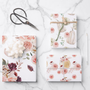 Elegant Floral Pumpkin Watercolor Three Pack Wrapping Paper Sheet