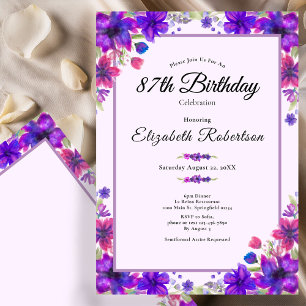 Elegant Floral Purple 87th Birthday  Invitation