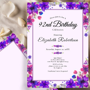 Elegant Floral Purple 92nd Birthday Invitation