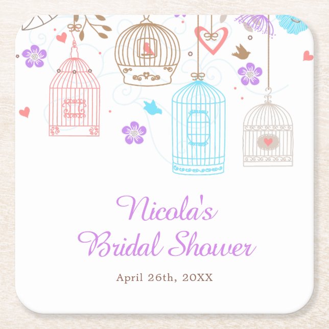 Elegant Floral Purple and Blue Bridal Shower Square Paper Coaster (Front)