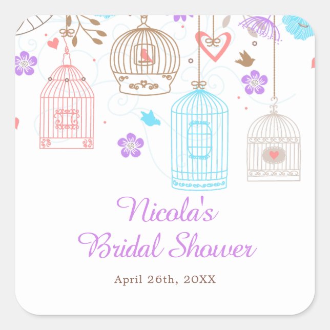 Elegant Floral Purple and Blue Bridal Shower Square Sticker (Front)