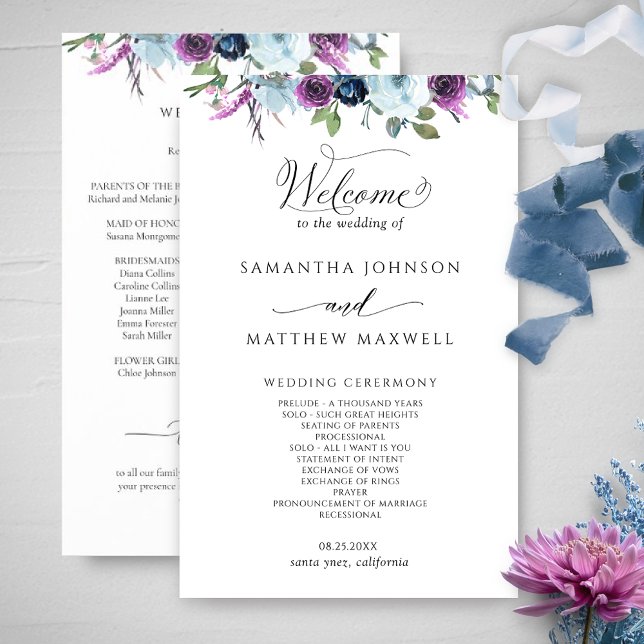Elegant Floral Purple and Blue Wedding Program (Creator Uploaded)