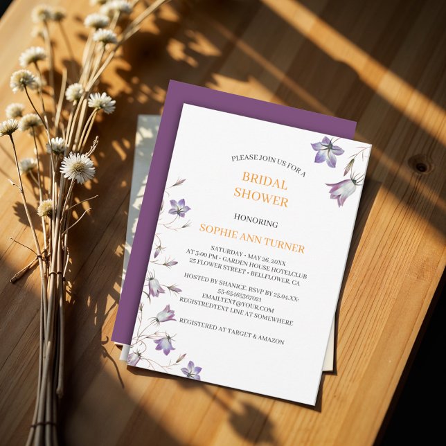 Elegant Floral Purple Bellflower Bridal Shower Invitation (Creator Uploaded)