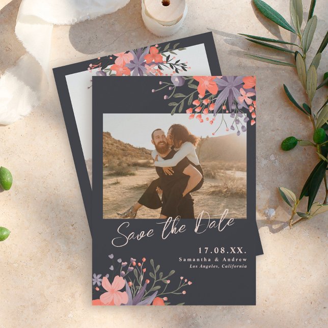 Elegant floral purple blue 2 photos save the date (Creator Uploaded)