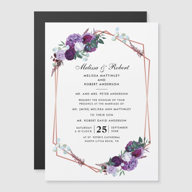 Elegant Floral Purple Botanical Wedding Magnetic Invitation (Front/Back)