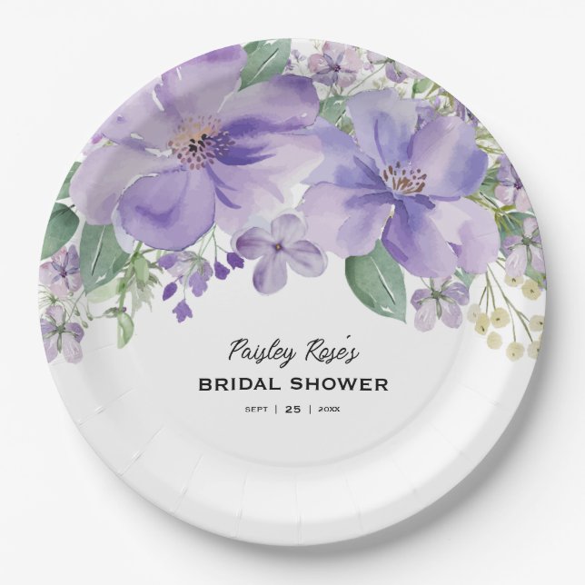 Elegant Floral Purple Bridal Shower Paper Plate (Front)