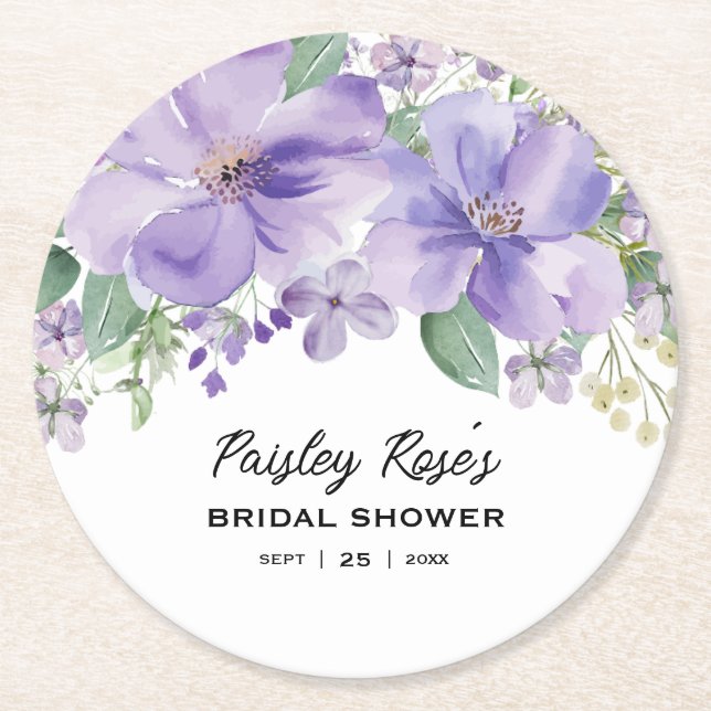 Elegant Floral Purple Bridal Shower Round Paper Coaster (Front)
