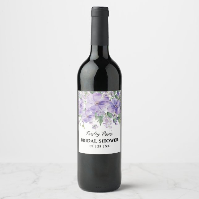 Elegant Floral Purple Bridal Shower Wine Label (Front)