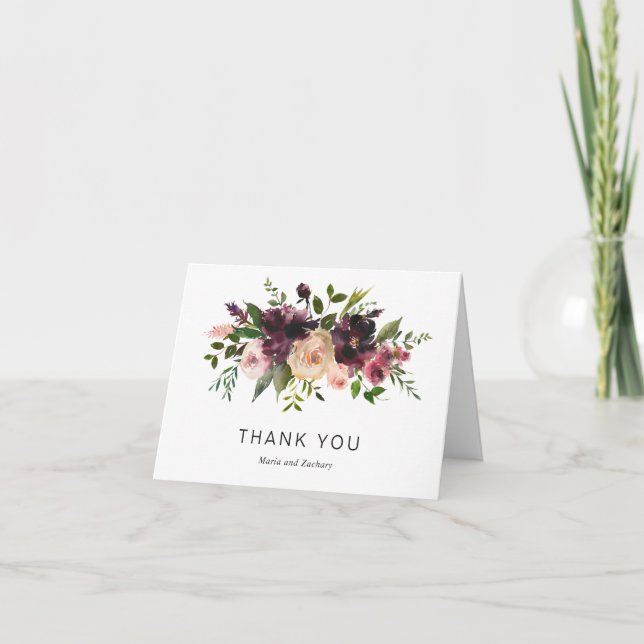 Elegant Floral Purple Burgundy Wine Fall Wedding Thank You Card (Front)