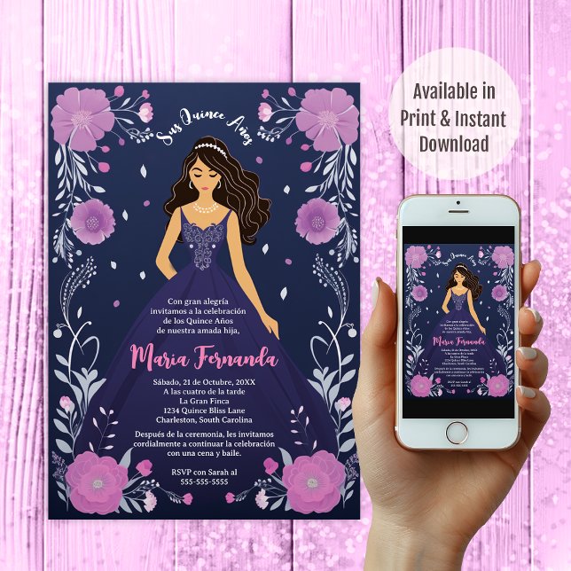 Elegant Floral Purple Dress Quinceañera Party Invitation (Creator Uploaded)