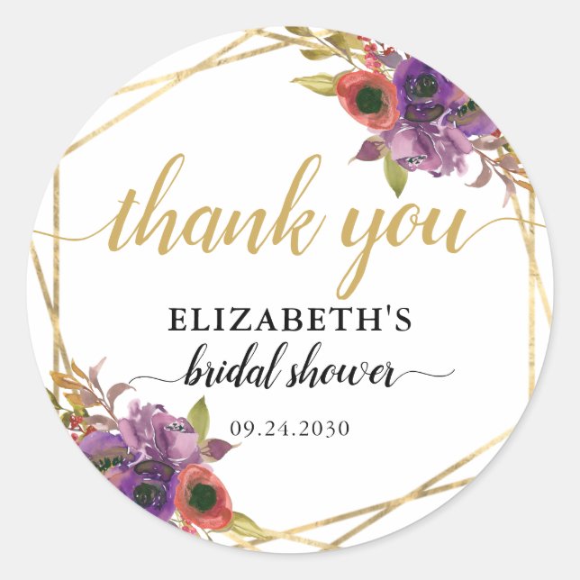 Elegant Floral Purple Gold Bridal Shower Thank You Classic Round Sticker (Front)