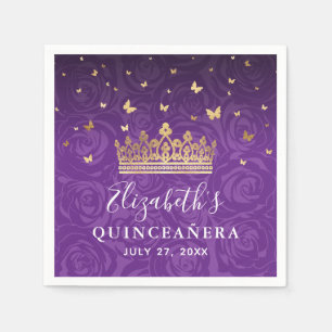 Elegant Floral Purple Gold Crown Birthday Template Napkin