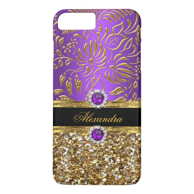 Elegant Floral Purple Gold Damask Glitter Case-Mate iPhone Case (Back)