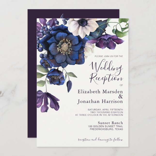 Elegant Floral Purple Navy Wedding Reception Invitation (Front/Back)