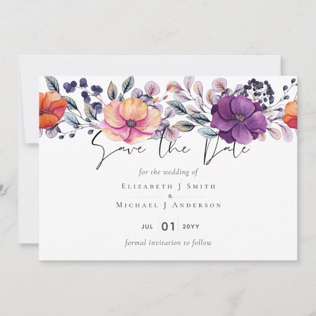 Elegant Floral Purple Orange Wedding Invitation (Front)