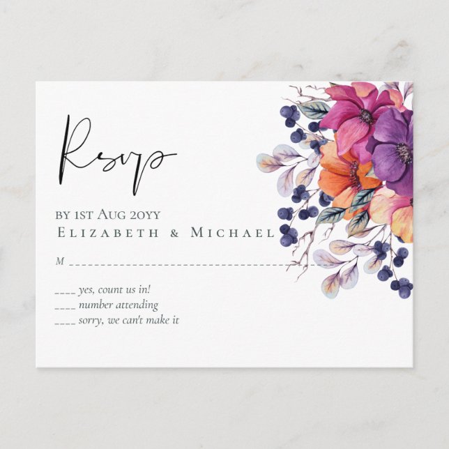 Elegant Floral Purple Orange Wedding Postcard (Front)
