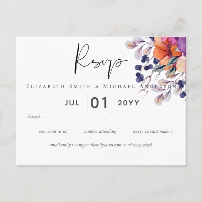 Elegant Floral Purple Orange Wedding Postcard (Front)