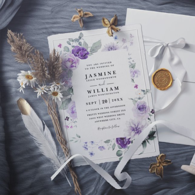 Elegant Floral Purple Rustic Modern Chic Wedding Invitation (Creator Uploaded)