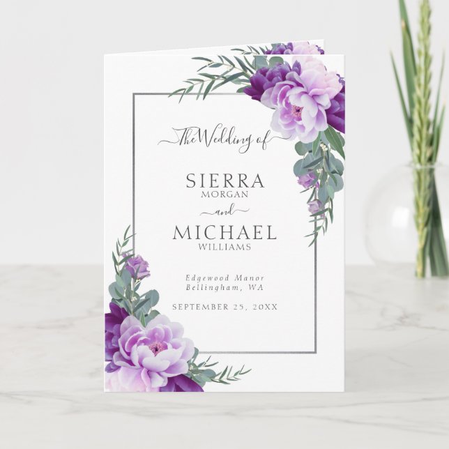 Elegant Floral Purple & Silver Folded Wedding Programme (Front)