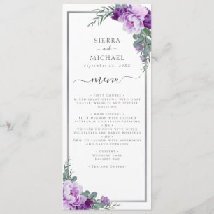 Elegant Floral Purple & Silver Wedding Reception Menu