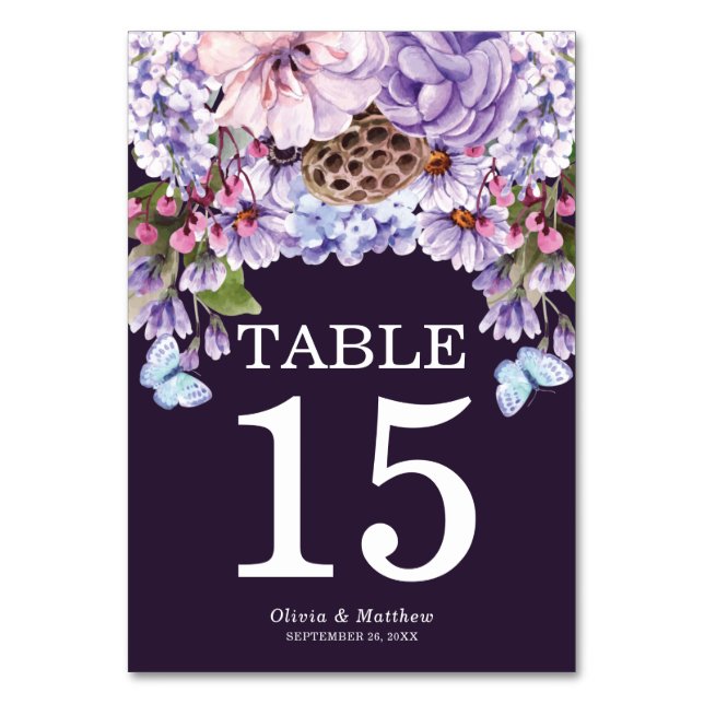 Elegant Floral Purple Watercolor Wedding Table Number (Front)