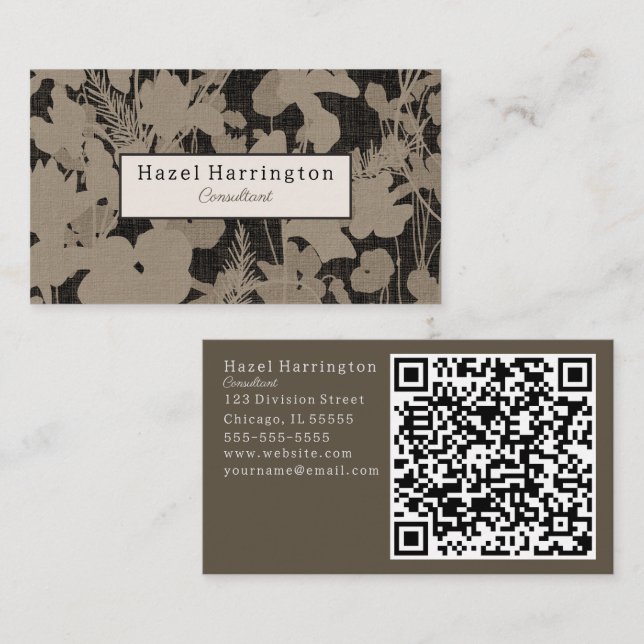 Elegant Floral QR Business Card Black Beige (Front/Back)