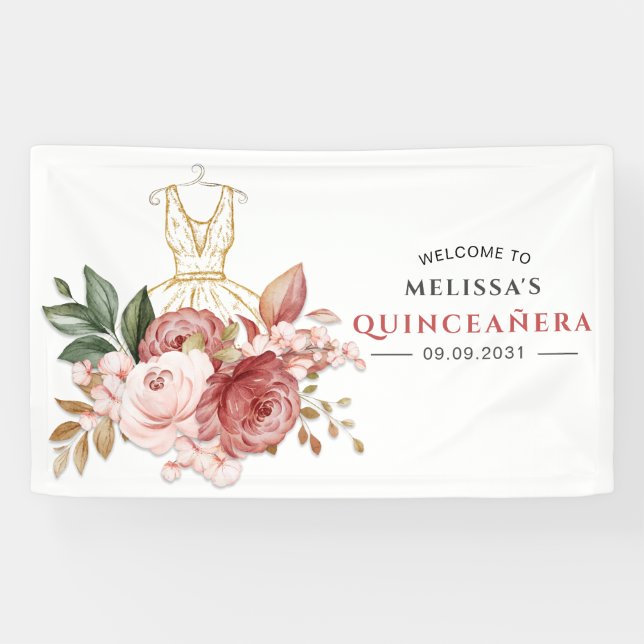 Elegant Floral Quinceanera 15th Birthday Banner (Horizontal)
