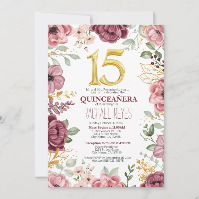  Elegant Floral Quinceañera Invitation Template (Front)