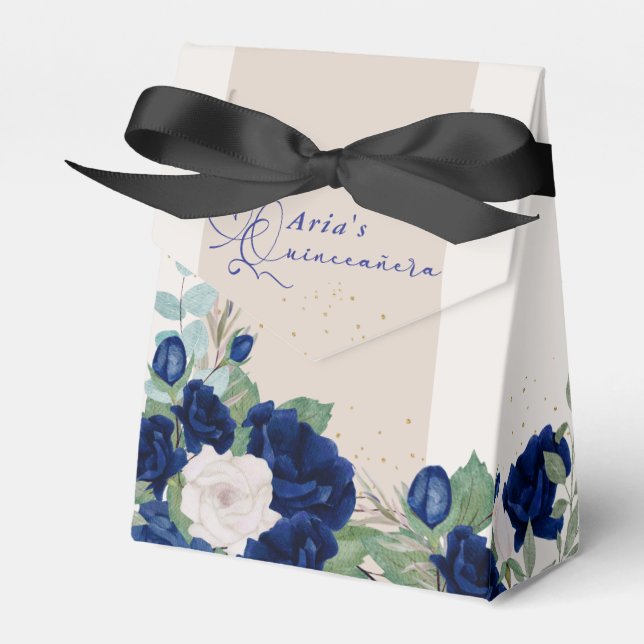 Elegant Floral Quinceanera Royal Blue Ivory Roses Favour Box (Front Side)