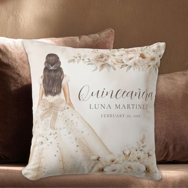 Elegant Floral Quinceañera Watercolor Ballgown Cushion (personalized quinceanara watercolor floral girl in ball gown 15th birthday throw pillow)