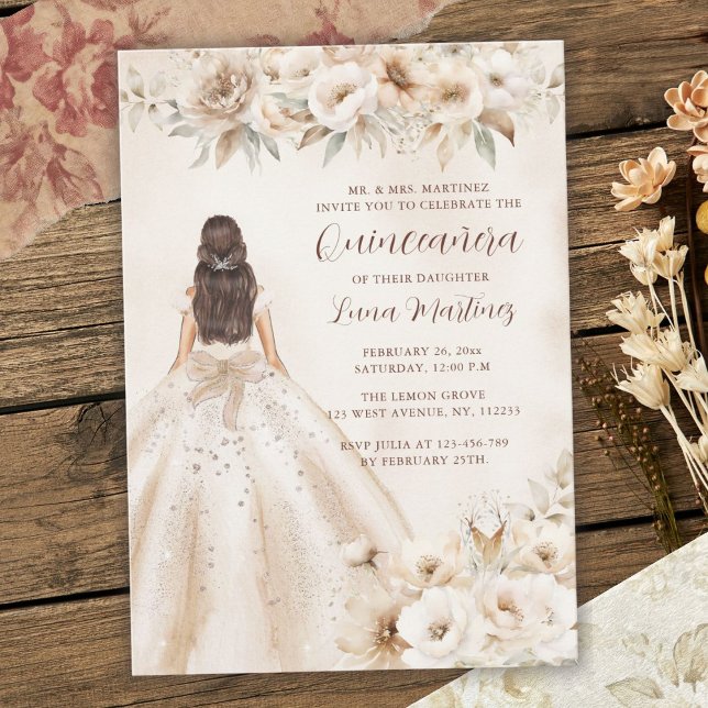 Elegant Floral Quinceañera Watercolor Ballgown Invitation (Rustic Elegant Floral Personalized Quinceañera Watercolor Ballgown Invitation)
