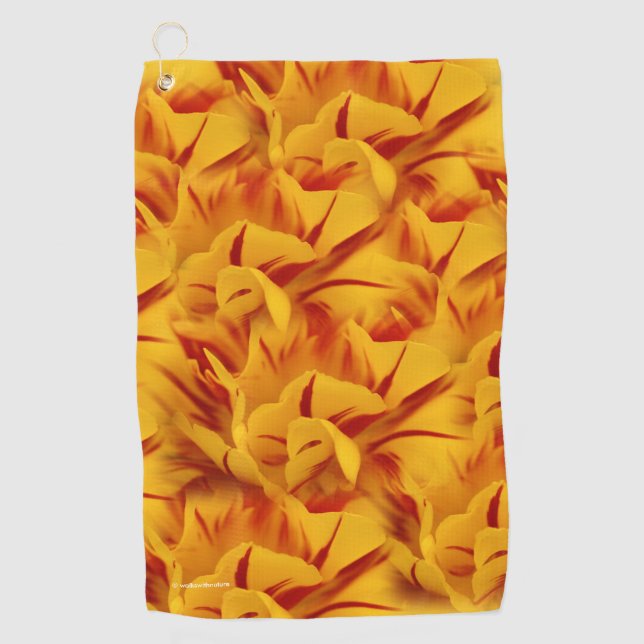 Elegant Floral Red and Gold Monsella Tulips Golf Towel (Front)