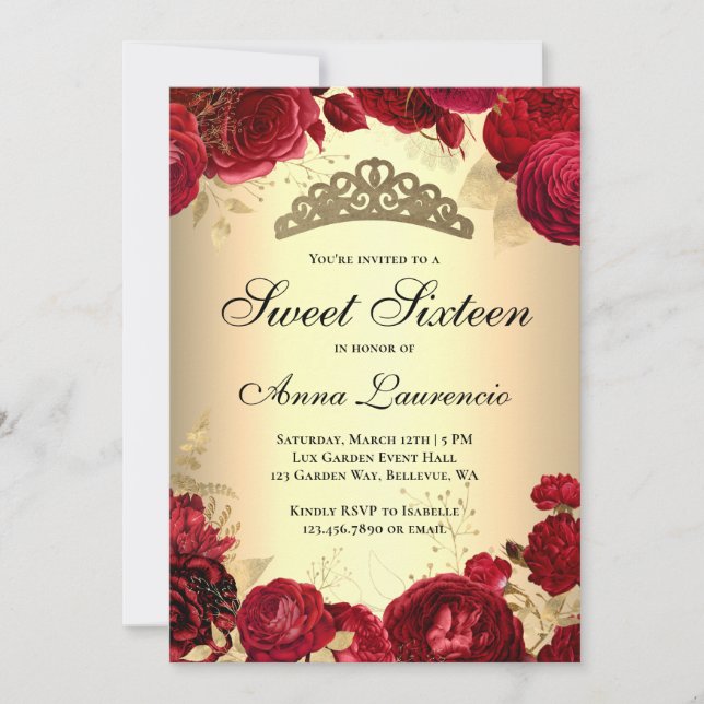 Elegant Floral Red and Gold Themed Sweet Sixteen Invitation (Front)