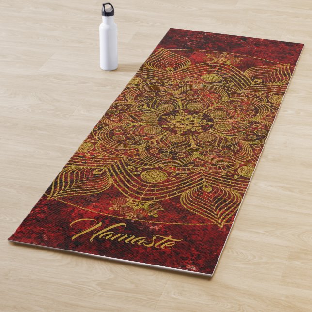Elegant Floral Red, Black & Gold Mandala Namaste Yoga Mat (In Situ)