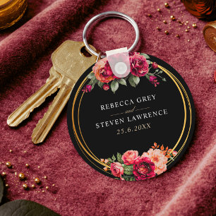 Elegant floral red black moody Romantic wedding Key Ring