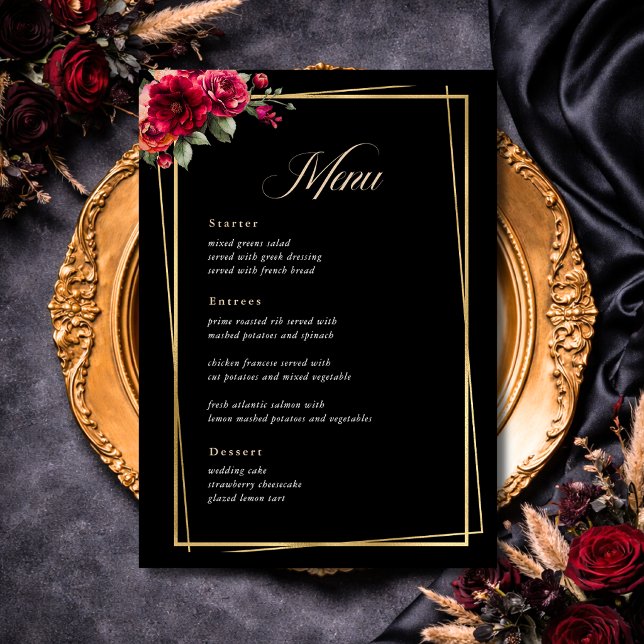 Elegant floral red black moody Romantic wedding Menu (Creator Uploaded)
