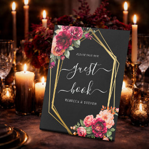 Elegant floral red black moody Romantic wedding Pedestal Sign