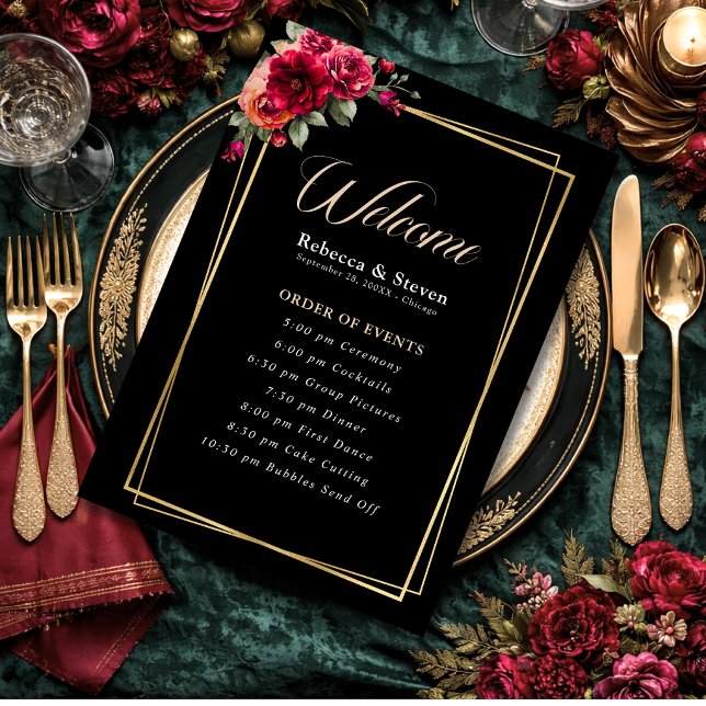 Elegant floral red black moody Romantic wedding Programme (Creator Uploaded)