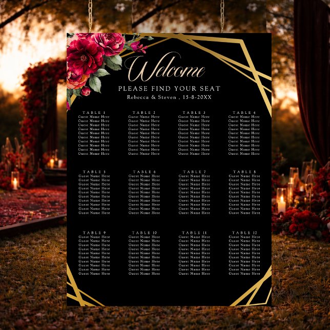 Elegant floral red black moody seating wedding poster (Creator Uploaded)