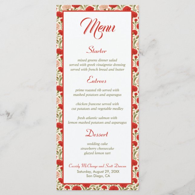 Elegant Floral Red Carnation Flowers Wedding Menu (Front)