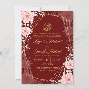Elegant Floral Red Gold Islamic Muslim Wedding Invitation