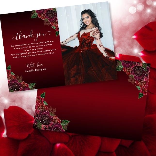 Elegant Floral Red Gold Quinceañera Birthday Photo Thank You Card (June 12th, 2024 Strategy Group Coaching Call With Jen and Elke)